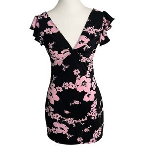 Floral Mini Dress Black Pink V Neck Ruffle‎ Sleeve Bodycon Party Cocktail